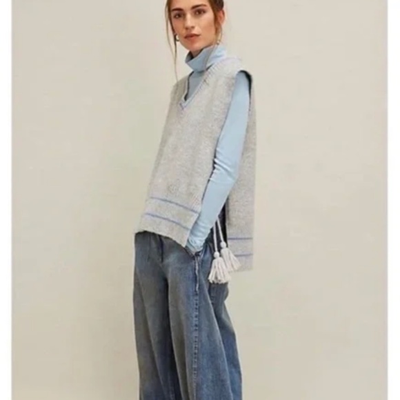 FREE PEOPLE STRIPED SWEATER PONCHO VEST TASSELS GRAY BLUE - Picture 2 of 6